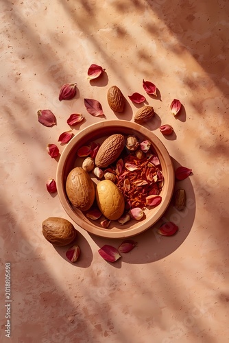 Artistic Flat Lay of Moroccan Argan Nuts and Floral Petals in Pottery Bowl on Earthy Textured Surface
