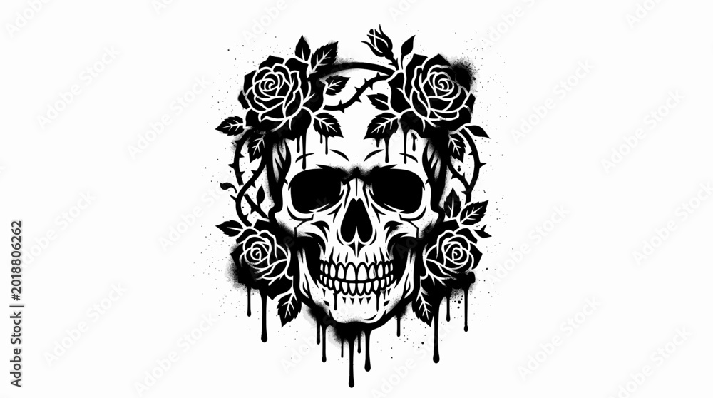 Fototapeta premium Stenciled Skull with Roses and Dripping Effect