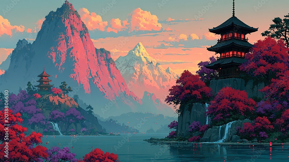 Obraz premium Peaceful East Asian Sunset Landscape: Traditional Pagodas by Lake, Snow-Capped Mountains, Vibrant Red-Purple Foliage and Waterfalls, Serene Nature Scene for Background and Design