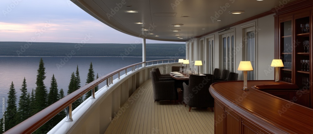 Fototapeta premium Luxury yacht dining setup at sunset with beautiful views of water, islands, and mountains, featuring a long table and bar counter