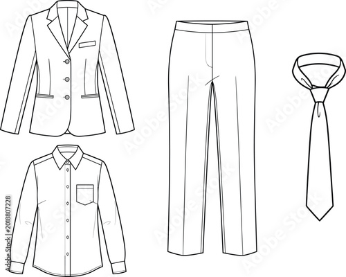 Men Business Suit Set Blazer Shirt Trousers and Tie Outline Technical Flat Sketch Fashion Vector Illustration