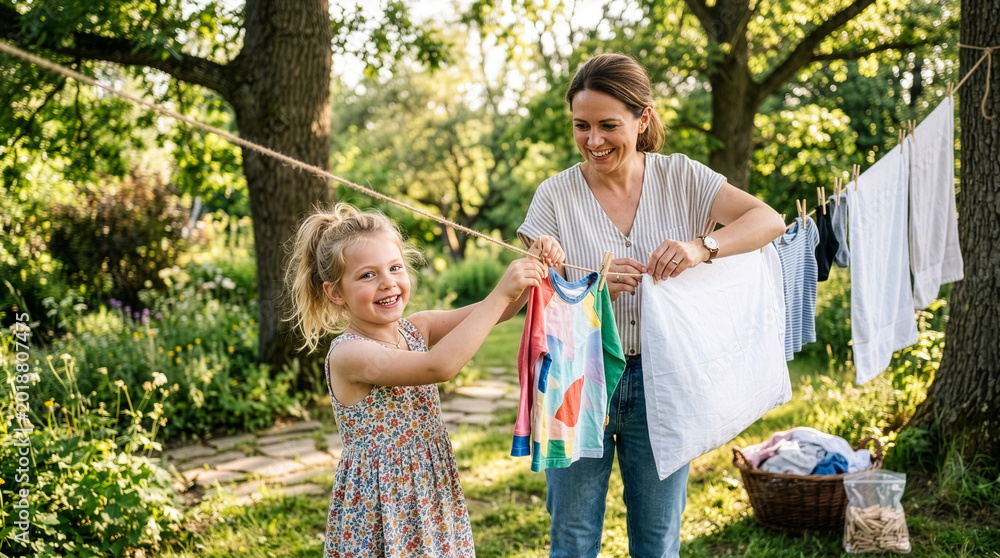 Fototapeta premium Mama z córką wieszają pranie na sznurze między drzewami.