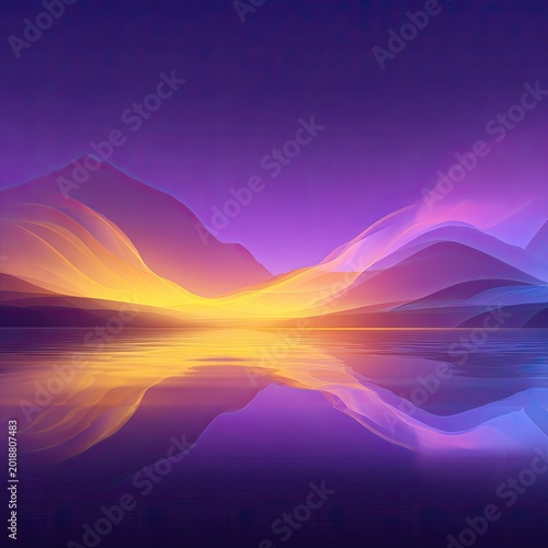Ethereal landscape reflecting in water, vibrant purple/gold