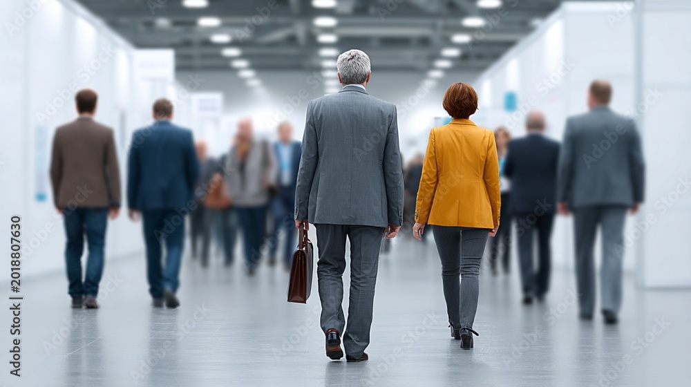 Fototapeta premium Businesspeople Walking at Trade Fair, Wide Panorama