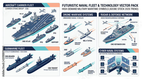 Картината върху платно Futuristic Naval Fleet Vector Set with Aircraft Carrier, Stealth Submarines, Military Drones, Radar Defense Network, and Cyber Command Center