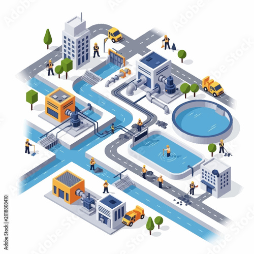 Isometric illustration of a wastewater treatment plant with workers and machinery.