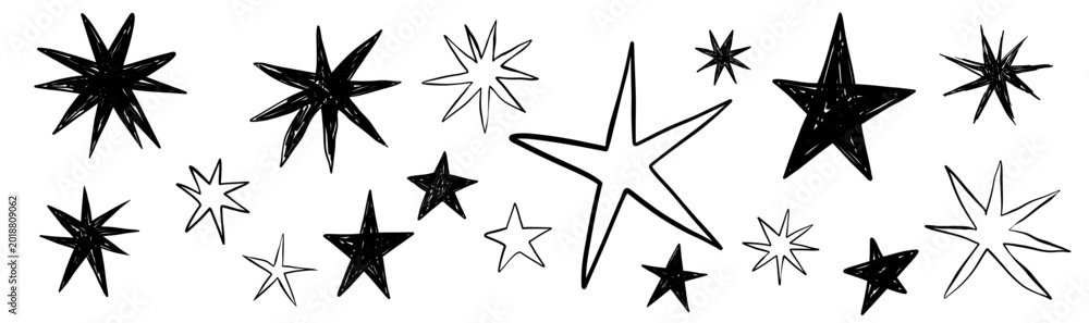 Obraz premium Vector doodle star icons hand drawn elements. Chalk crayon sketch glitter design collection for christmas pattern. Falling twinkle star wish symbol. 
