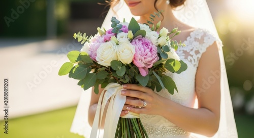 A bride holding a bouquet of flowers.