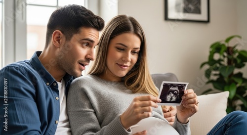 A couple looking at an ultrasound scan of a baby.
