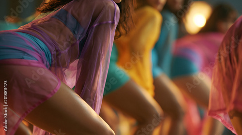 Group of women in colorful sheer outfits bending over and twerking together, slow motion, group twerk, see-through fashion, colorful dance, squad goals, faceless, defocused