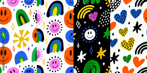 Schilderij op canvas playful pattern with smiling faces rainbows and hearts vector illustration