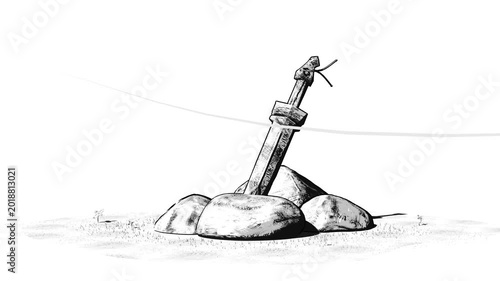 Stylized Sketch Paper Style 3d Fantasy Sword Embedded in Stone with wind breeze
