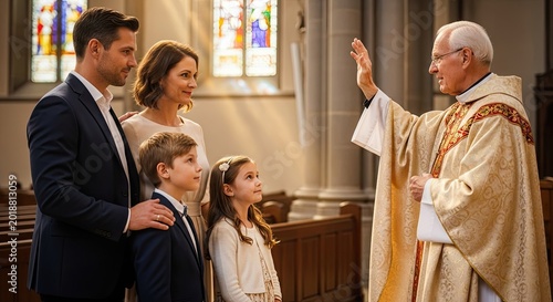 A family of four, including a man, a woman, a boy, and a girl, standing in a church with a priest in a cassock and mitre, raising his hand in blessing.