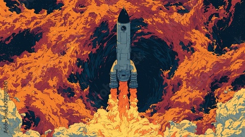 Retro-Styled Rocket Launching Through Fiery Cosmic Vortex, Dynamic Interstellar Space Travel Scene with Vibrant Abstract Cosmic Clouds and Propulsion Flames