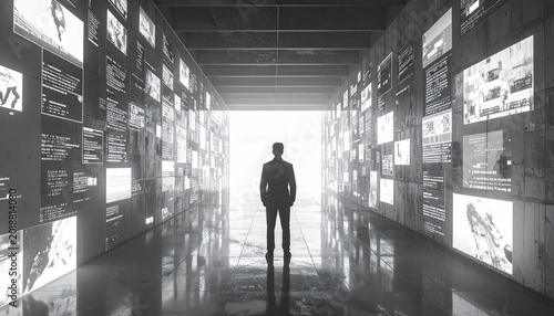 Silhouette of a person standing in a hallway lined with screens