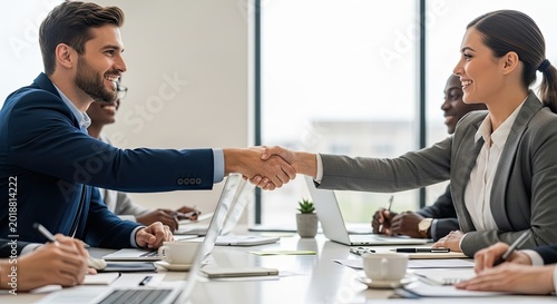 Two business professionals shaking hands in an office setting.