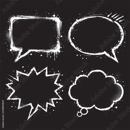 Grunge Comic Speech Bubble Collection on Black Background for Pop Art Design