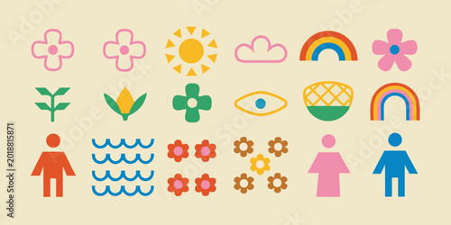 Floral and nature themed flat icons with rainbow and human figures