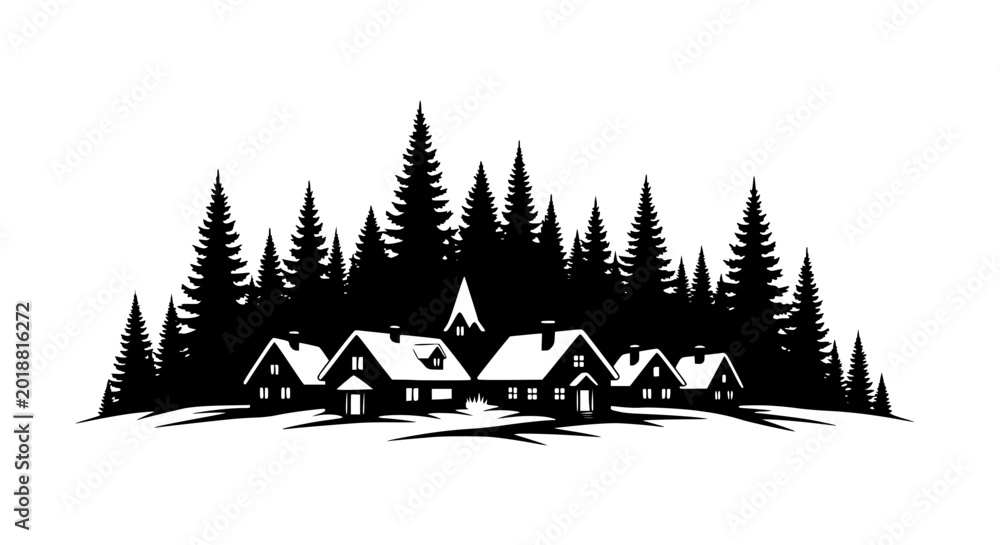 Obraz premium black and white silhouette of a winter village in a pine forest