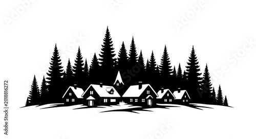 black and white silhouette of a winter village in a pine forest