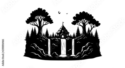 Silhouette of a Mystical Fantasy Cottage on a Cliff with Waterfalls