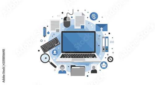 Modern Digital Workspace Concept with Laptop and Business Office Icons