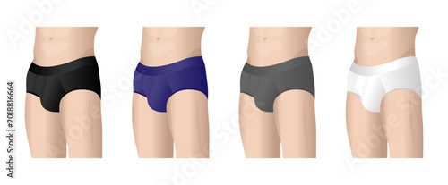 A male figure in underwear. Briefs and swimming trunks in blue, black, gray, and white. A set of isolated vector illustrations