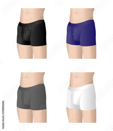 A male figure in underwear. Briefs and shorts in blue, black, gray, and white. Set of isolated vector illustrations