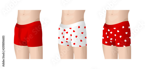 Male figure in underwear. Briefs and shorts in red and white with hearts. Set of isolated vector illustrations