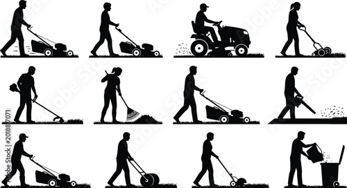 Billede på lærred People doing lawn care and gardening tasks isolated on white background, Vector