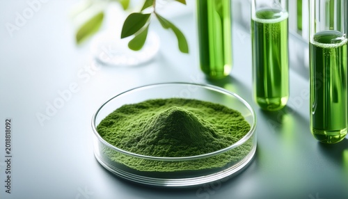 green plant powder in petri dish with laboratory test tubes for botanical research