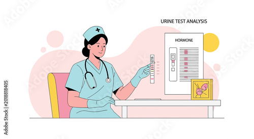 Nurse holding urine test strip for hormone analysis in laboratory