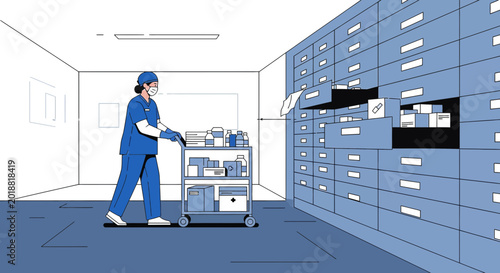 Nurse with Cart in Pharmacy Storage, Medical Supplies, Healthcare Inventory Management