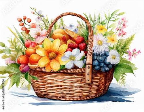watercolor picnic basket with spring flowers and fruits transparent