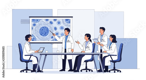 Medical Team Discussing Microscopic Cells on Screen in a Modern Meeting Room