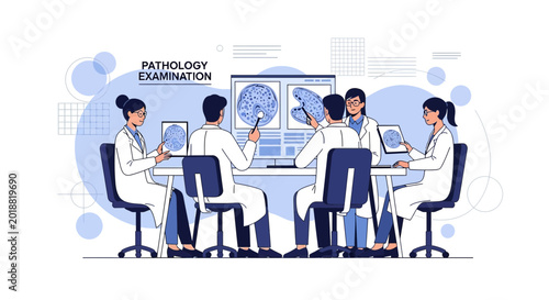 Medical Team Discussing Pathology Examination Results on Digital Screen