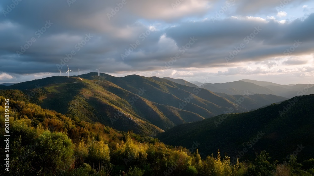 Fototapeta premium Layered mountain ranges viewed under dramatic cloudy skies featuring golden foreground foliage and distant wind turbines