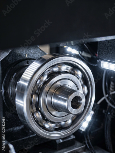 Spinning steel ball bearing close-up on industrial lathe machine