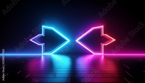 3d render neon glowing arrows pointing to the right and left on a black background bright colorful light arrow lines in blue pink red and purple colors with copy space generative ai
