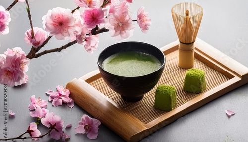 traditional japanese matcha tea with sweets and cherry blossoms symbolizing tranquility and zen