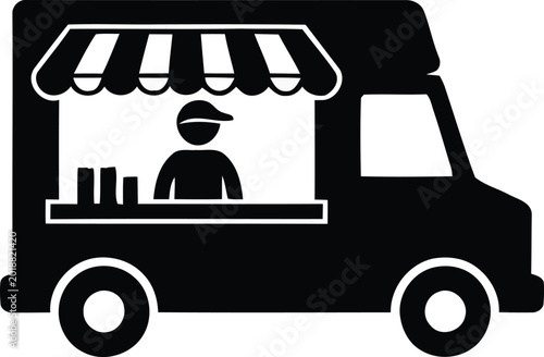 Food truck vector icon in simple silhouette style featuring mobile street food vendor