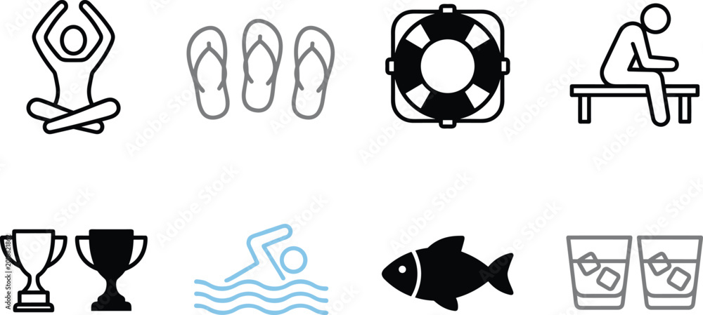Fototapeta premium Summer Leisure and Recreation Icons Set with Yoga Flip Flops Lifebuoy Bench Trophy Swimmer Fish and Drink Vector