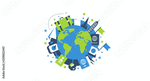 Global Travel and Tourism Concept Illustration Featuring Earth Globe with Suitcase, Passport, Paper Planes, and Landmark Icons on White Background