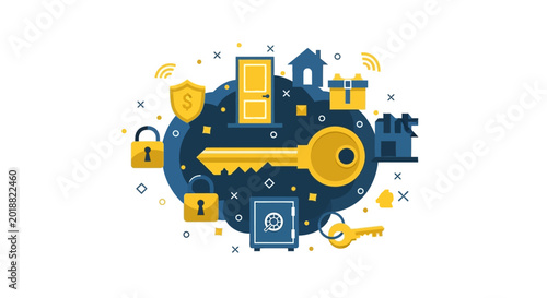 Flat Vector Illustration of Security and Privacy Concepts with Gold Key, Padlock, Shield, and Safe Vault on White Background