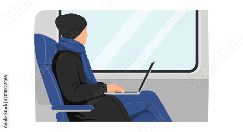 Man Working on Laptop While Traveling on a Train - Digital Nomad Freelancer Illustration