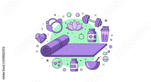 Fitness and Wellness Concept Illustration with Yoga Mat, Gym Equipment, and Healthy Lifestyle Icons