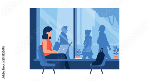 Modern Illustration of a Woman Working on a Laptop in a Cafe Window Seat, Remote Work and Digital Nomad Lifestyle in Urban City Setting