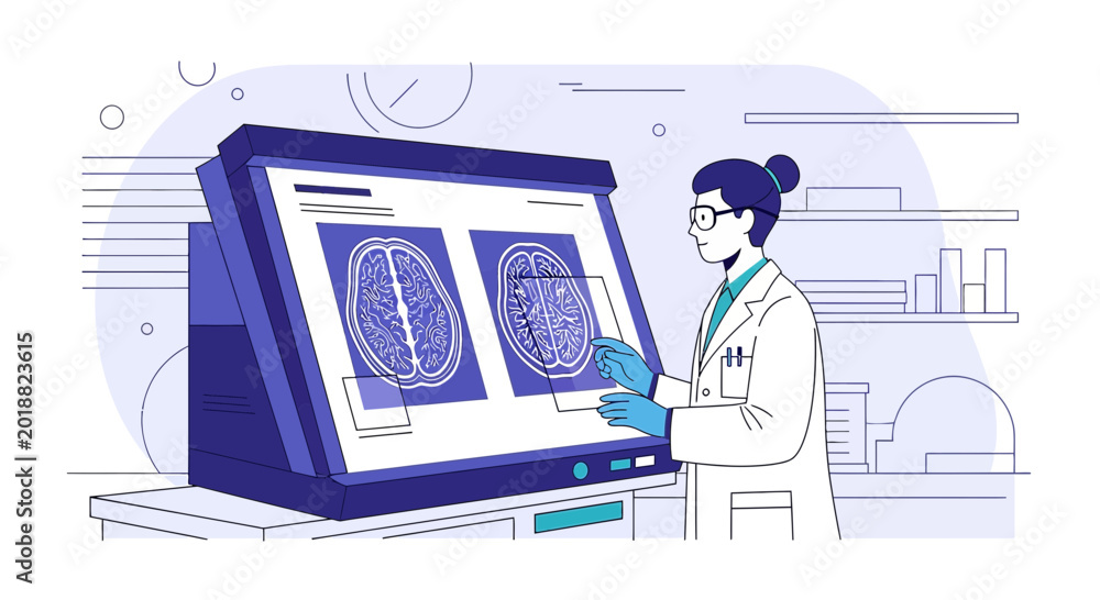 Naklejka premium Doctor analyzing brain scan on futuristic digital display in laboratory