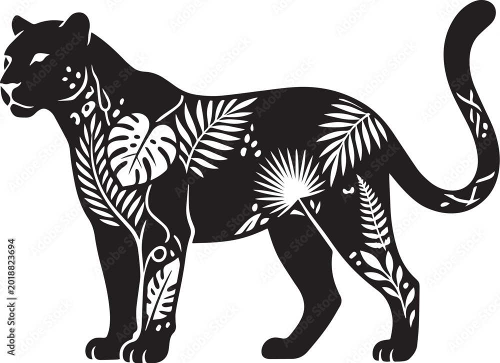 Fototapeta premium Black panther silhouette with tropical leaf patterns, wild leopard vector illustration, exotic jungle cat with monstera and palm foliage design