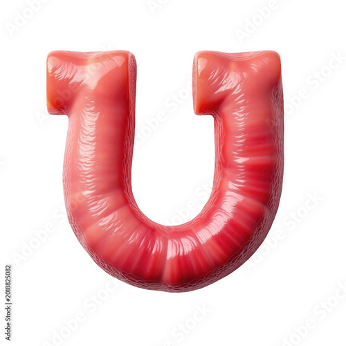 A single red gummy letter U shape, often used as a creative element or decorative object